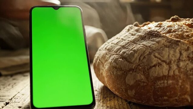 A smartphone with a green screen stands next to a loaf of bread on a rustic wooden surface, illuminated by warm light.