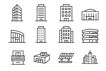Modern Building Icons. Modern buildings. Line icon set of modern buildings: glass tower, high-rise, office block, mall, convention center, residential tower,