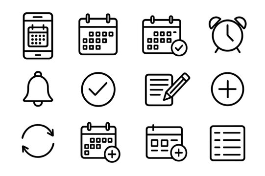 Mobile Calendar Icons. Mobile Calendar Set. Line icon set of Mobile Calendar Set: date selection, smartphone, calendar app, event icon, alarm clock, reminder