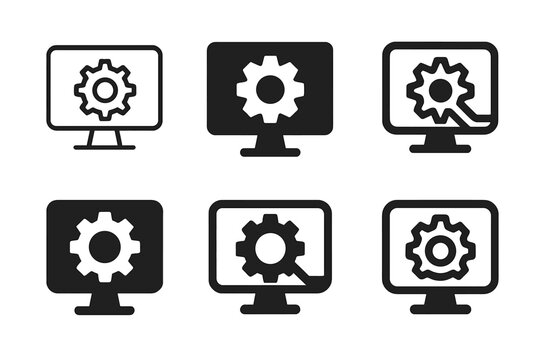 Tech Logo Variations. Tech support and IT services. Icon set. Set Logo of tech support and IT services: computer monitor with gear. harmonious logo variations