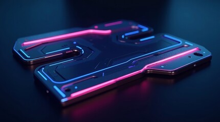 Futuristic circuit board with neon lights glowing blue