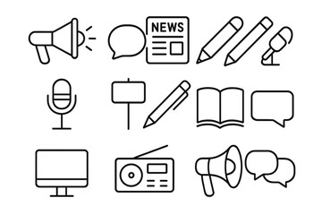 Freedom Icons Grid. Freedom of Expression. Line icon set of Freedom of Expression: megaphone, speech bubble, newspaper, pencil, microphone, protest sign, pen,