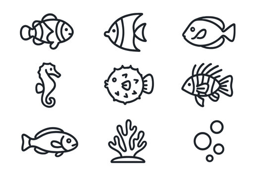 Tropical Fish Icons. Tropical Fish. Line icon set of Tropical Fish: clownfish, angelfish, parrotfish, tang fish, seahorse, pufferfish, butterflyfish, lionfish,