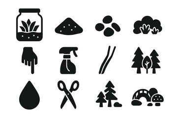 Terrarium Icon Set. Terrarium setup. Solid icon set of Terrarium setup: glass jar, soil, pebbles, moss, plants, hand icon, spray bottle, tongs, miniature