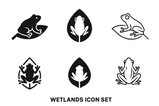Wetlands Icon Set. Wetlands. Icon set. Set Logo of wetlands: frog silhouette on a leaf. harmonious logo variations of the same emblematic concept, each with