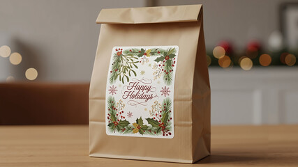 Kraft paper bag with festive sticker for holiday meal packaging  