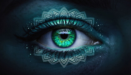 Intense green eye with mandala overlay. Symbolizes vision, spirituality, and insight. Ideal for wellness, mystical, or creative projects seeking a unique visual element.