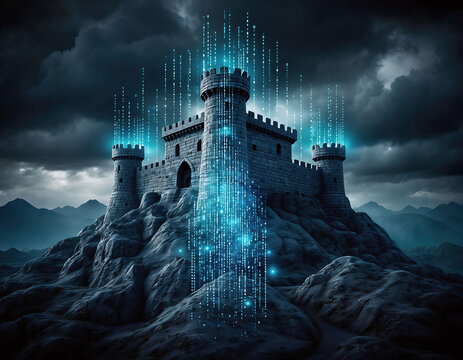 A majestic stone castle, digitally enhanced with glowing code cascading like waterfalls. Symbolizes cybersecurity, data protection,  digital fortress. Ideal for tech.