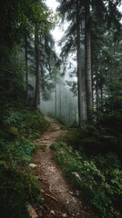 Fototapeta premium A serene foggy forest path encourages slow, intentional walking among towering trees veiled in mist.
