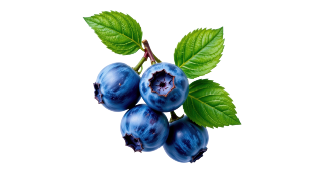 Blueberry fruit cluster with green leaves isolated transparency background, fresh and ripe with natural texture and vibrant