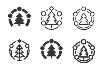 Charity Logo Variations. Winter Holiday Themed Charity Event. Icon set. Set Logo of festive support: people forming a circle around holiday tree. harmonious