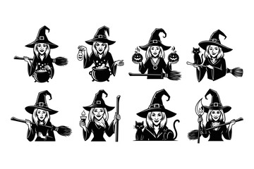 Fototapeta premium Set of Eight Halloween Witch Illustrations with Brooms and Cauld