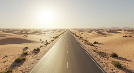 Fototapeta premium Endless highway stretches through sunlit desert landscape toward the horizon