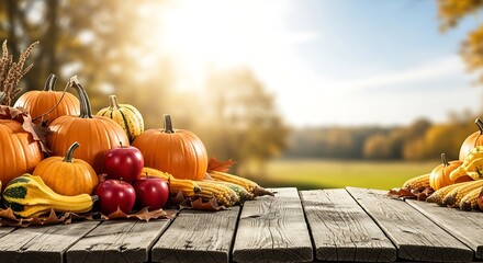 Basket Of Pumpkins, Apples And Corn On Harvest Table With Field Trees And Sky Background - Thanksgiving