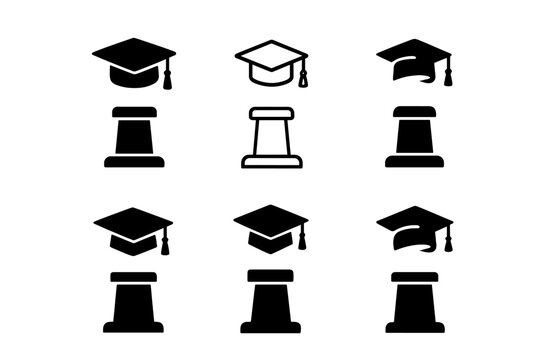 Graduation Cap Logos. Graduation cap toss. Icon set. Set Logo of graduation cap toss: cap landing on podium. harmonious logo variations of the same emblematic