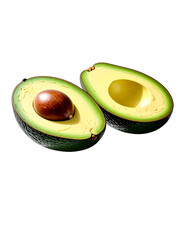 Avocado with Green Leaves - Falling Avocado pieces on Transparent Background - Cut open healthy raw food - Slices and Halves - Cosmetic Ingredient - Hair Shampoo and vitamin Benefits - Avocado Oil