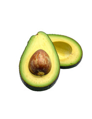 Avocado with Green Leaves - Falling Avocado pieces on Transparent Background - Cut open healthy raw food - Slices and Halves - Cosmetic Ingredient - Hair Shampoo and vitamin Benefits - Avocado Oil