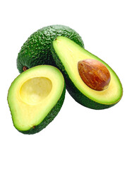 Avocado with Green Leaves - Falling Avocado pieces on Transparent Background - Cut open healthy raw food - Slices and Halves - Cosmetic Ingredient - Hair Shampoo and vitamin Benefits - Avocado Oil