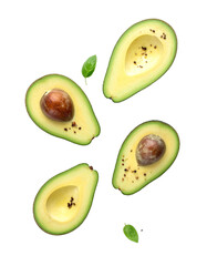 Avocado with Green Leaves - Falling Avocado pieces on Transparent Background - Cut open healthy raw food - Slices and Halves - Cosmetic Ingredient - Hair Shampoo and vitamin Benefits - Avocado Oil