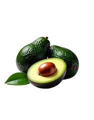 Avocado with Green Leaves - Falling Avocado pieces on Transparent Background - Cut open healthy raw food - Slices and Halves - Cosmetic Ingredient - Hair Shampoo and vitamin Benefits - Avocado Oil