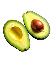 Avocado with Green Leaves - Falling Avocado pieces on Transparent Background - Cut open healthy raw food - Slices and Halves - Cosmetic Ingredient - Hair Shampoo and vitamin Benefits - Avocado Oil
