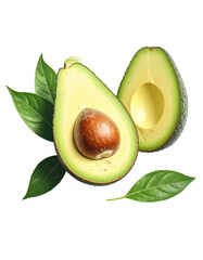 Avocado with Green Leaves - Falling Avocado pieces on Transparent Background - Cut open healthy raw food - Slices and Halves - Cosmetic Ingredient - Hair Shampoo and vitamin Benefits - Avocado Oil