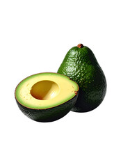 Avocado with Green Leaves - Falling Avocado pieces on Transparent Background - Cut open healthy raw food - Slices and Halves - Cosmetic Ingredient - Hair Shampoo and vitamin Benefits - Avocado Oil