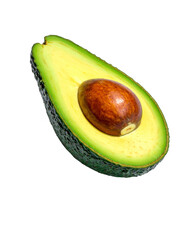 Avocado with Green Leaves - Falling Avocado pieces on Transparent Background - Cut open healthy raw food - Slices and Halves - Cosmetic Ingredient - Hair Shampoo and vitamin Benefits - Avocado Oil
