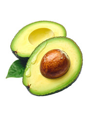 Avocado with Green Leaves - Falling Avocado pieces on Transparent Background - Cut open healthy raw food - Slices and Halves - Cosmetic Ingredient - Hair Shampoo and vitamin Benefits - Avocado Oil