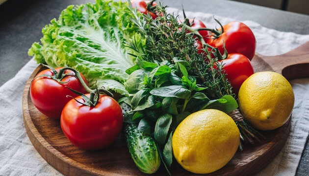 Fresh, vibrant produce arranged on a wooden board evokes healthy eating. Ideal for food blogs, recipes, nutrition articles, wellness campaigns. Bright appetizing.