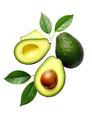 Avocado with Green Leaves - Falling Avocado pieces on Transparent Background - Cut open healthy raw food - Slices and Halves - Cosmetic Ingredient - Hair Shampoo and vitamin Benefits - Avocado Oil