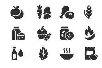 Fototapeta premium Food Icon Set. Food types. Solid icon set of Food types: fruits, vegetables, meat, grains, dairy, sweets, fermented food, spicy food, fatty food, bitter