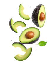 Avocado with Green Leaves - Falling Avocado pieces on Transparent Background - Cut open healthy raw food - Slices and Halves - Cosmetic Ingredient - Hair Shampoo and vitamin Benefits - Avocado Oil