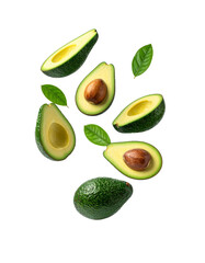 Avocado with Green Leaves - Falling Avocado pieces on Transparent Background - Cut open healthy raw food - Slices and Halves - Cosmetic Ingredient - Hair Shampoo and vitamin Benefits - Avocado Oil