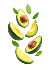 Avocado with Green Leaves - Falling Avocado pieces on Transparent Background - Cut open healthy raw food - Slices and Halves - Cosmetic Ingredient - Hair Shampoo and vitamin Benefits - Avocado Oil