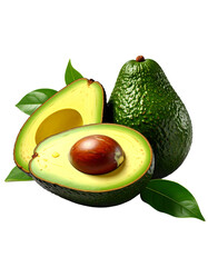 Avocado with Green Leaves - Falling Avocado pieces on Transparent Background - Cut open healthy raw food - Slices and Halves - Cosmetic Ingredient - Hair Shampoo and vitamin Benefits - Avocado Oil