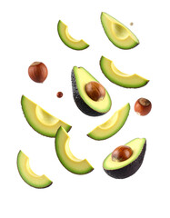 Avocado with Green Leaves - Falling Avocado pieces on Transparent Background - Cut open healthy raw food - Slices and Halves - Cosmetic Ingredient - Hair Shampoo and vitamin Benefits - Avocado Oil