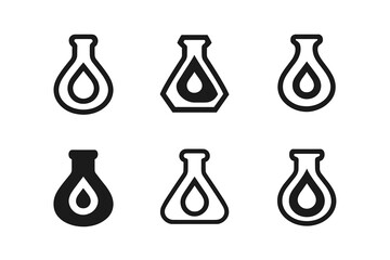 Flask Logo Variations. Flasks. Icon set. Set Logo of flasks: liquid drop inside flask. harmonious logo variations of the same emblematic concept, each with