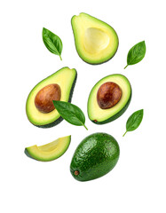 Avocado with Green Leaves - Falling Avocado pieces on Transparent Background - Cut open healthy raw food - Slices and Halves - Cosmetic Ingredient - Hair Shampoo and vitamin Benefits - Avocado Oil