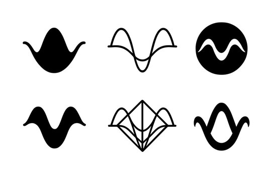 Quantum Logos Collection. Quantum computing visualized as art. Icon set. Set Logo of Quantum computing visualized as art: psi wavefunction curve. harmonious