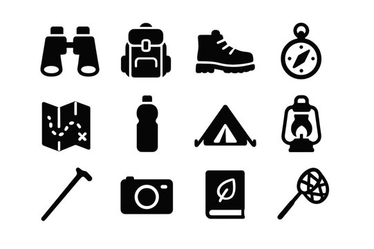 Nature Exploration Icons. Nature exploration. Solid icon set of nature exploration: binoculars, backpack, hiking boots, compass, map, water bottle, tent,