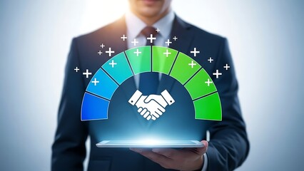 Modern businessman showcasing partnership success on tablet with vibrant growth indicators, signaling positive business development and collaboration
