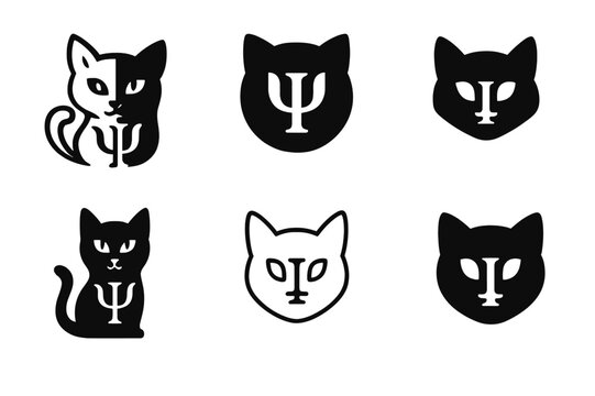 Quantum Computing Logos. Quantum computing visualized as art. Icon set. Set Logo of Quantum computing visualized as art: Schrodinger?s cat with psi symbol.