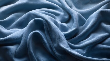 Fototapeta premium Soft, rumpled fabric displays numerous undulating folds and valleys in a deep blue color