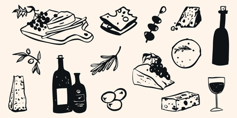 Elegant charcuterie board illustration featuring bottles, glasses, grapes, and Italian snacks in minimalist line art style ideal for summer party invitations