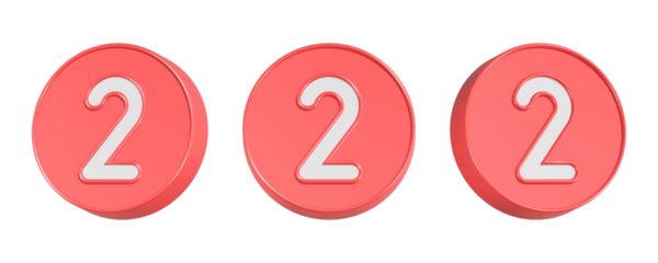 number 2 3d rendering icon in red button