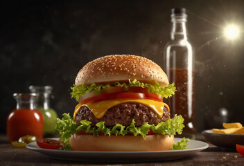 burger on plate in kitchen. Generative AI