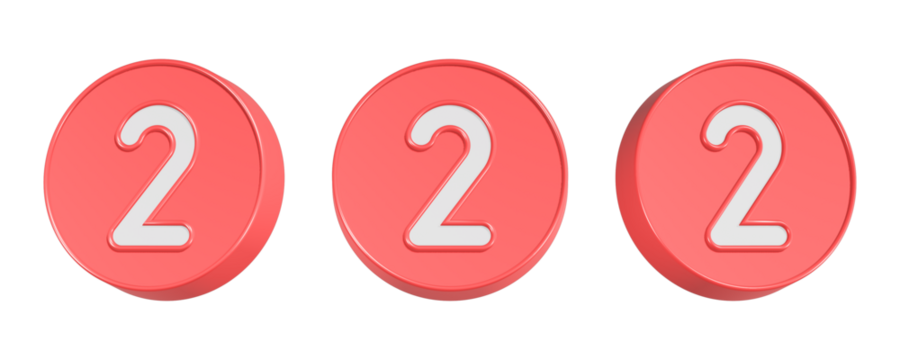 number 2 3d rendering icon in red button