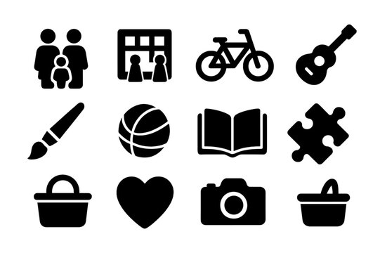 Family Hobby Icons. Shared hobbies in families. Solid icon set of shared hobbies in families: parents, child, board game, bicycle, guitar, paintbrush, ball,
