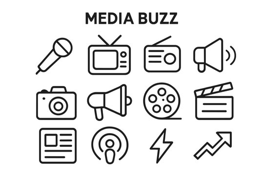 Media Buzz Icons. Media buzz. Line icon set of media buzz: microphone, tv, radio, speaker, camera, megaphone, film reel, clapperboard, newspaper, podcast,